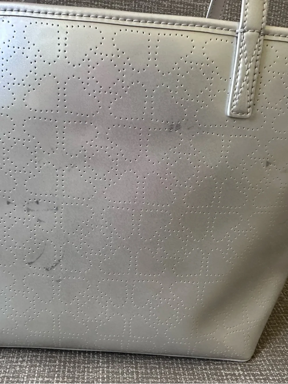 Kate Spade Harmony Metallic Silver Heart Perforated Tote Bag Shoulder Purse